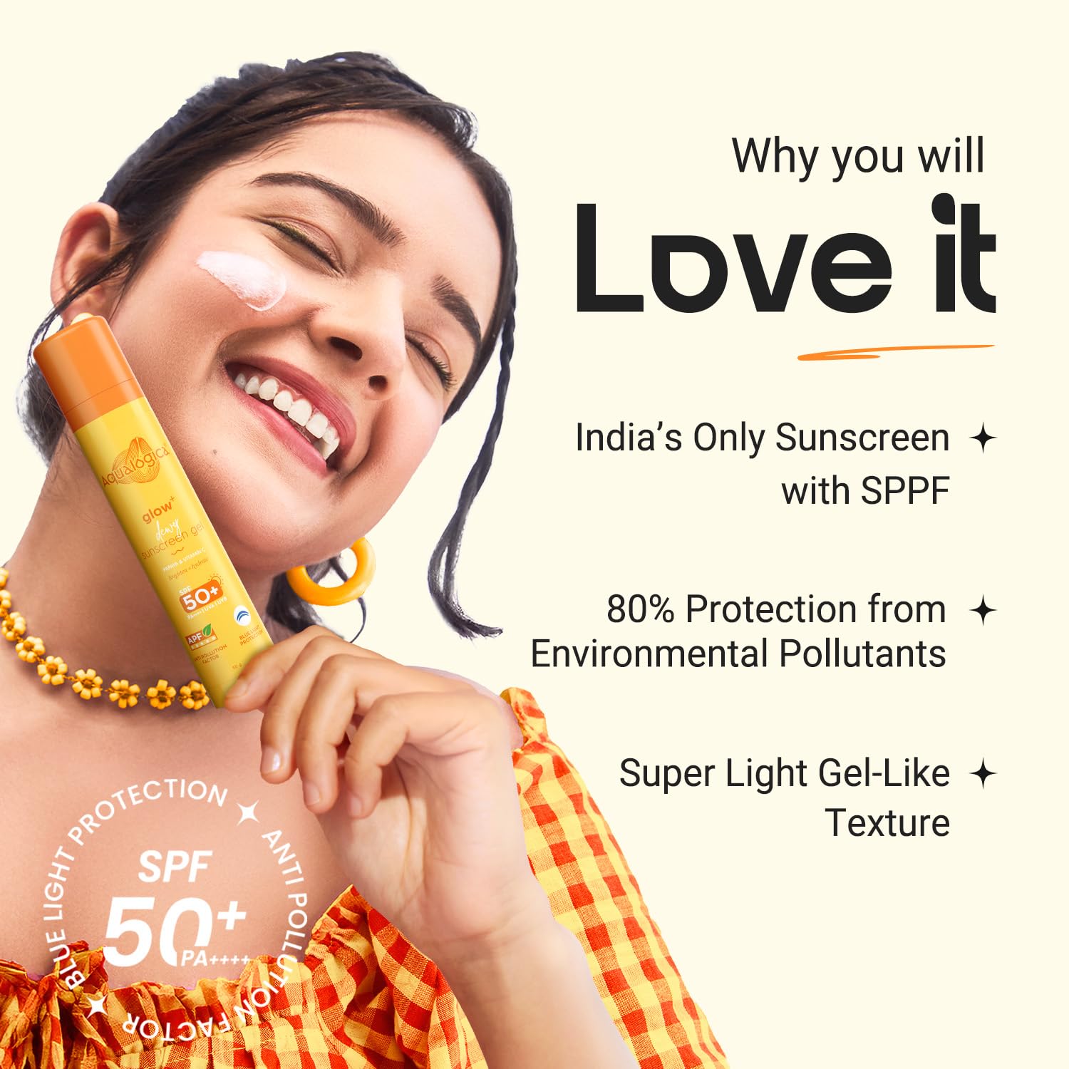 Aqualogica Glow+ Dewy Lightweigh Sunscreen Gel SPF 50+ PA++++ with Papaya & Vitamin C [50g]