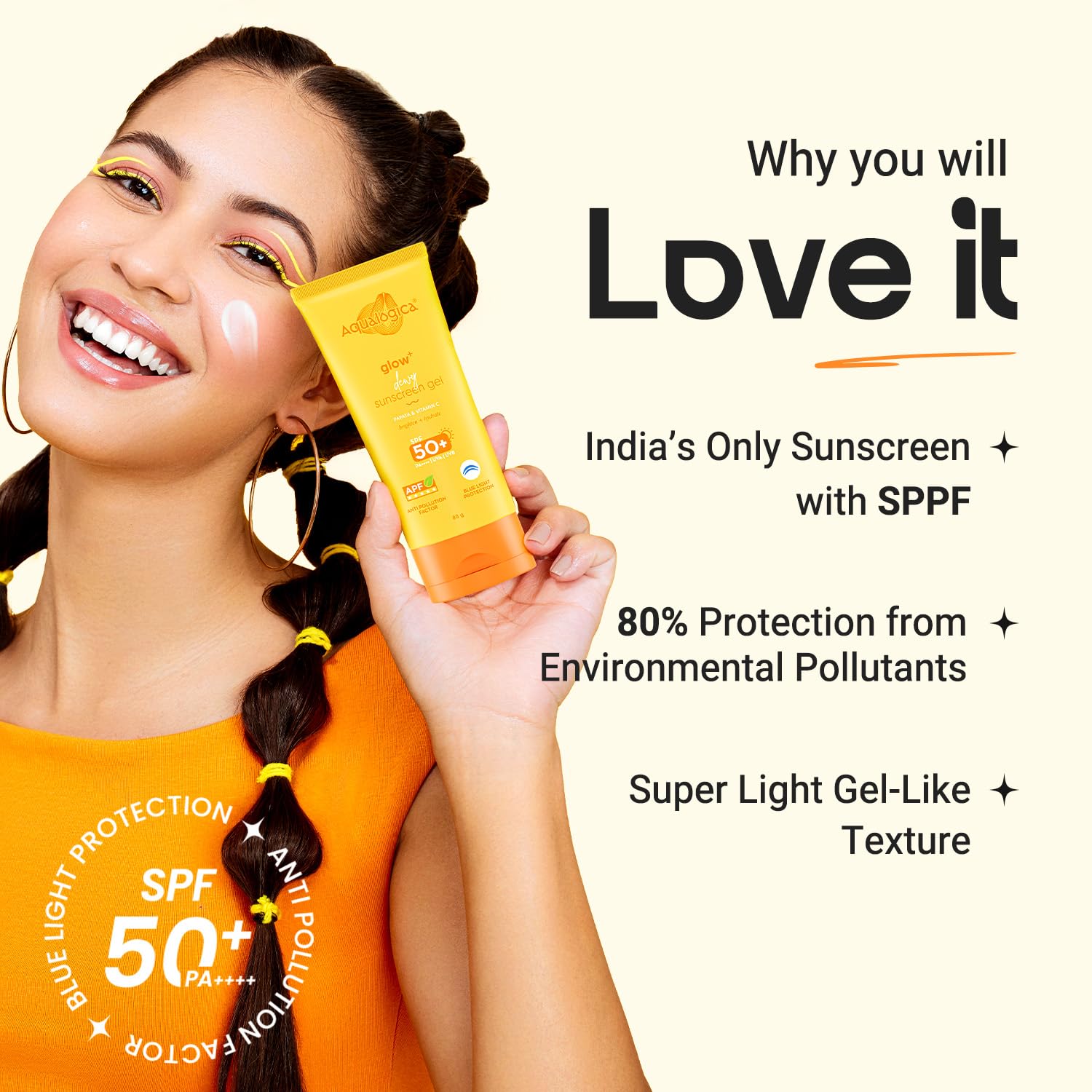 Aqualogica Glow+ Dewy Lightweigh Sunscreen Gel SPF 50+ PA++++ with Papaya & Vitamin C [80g]