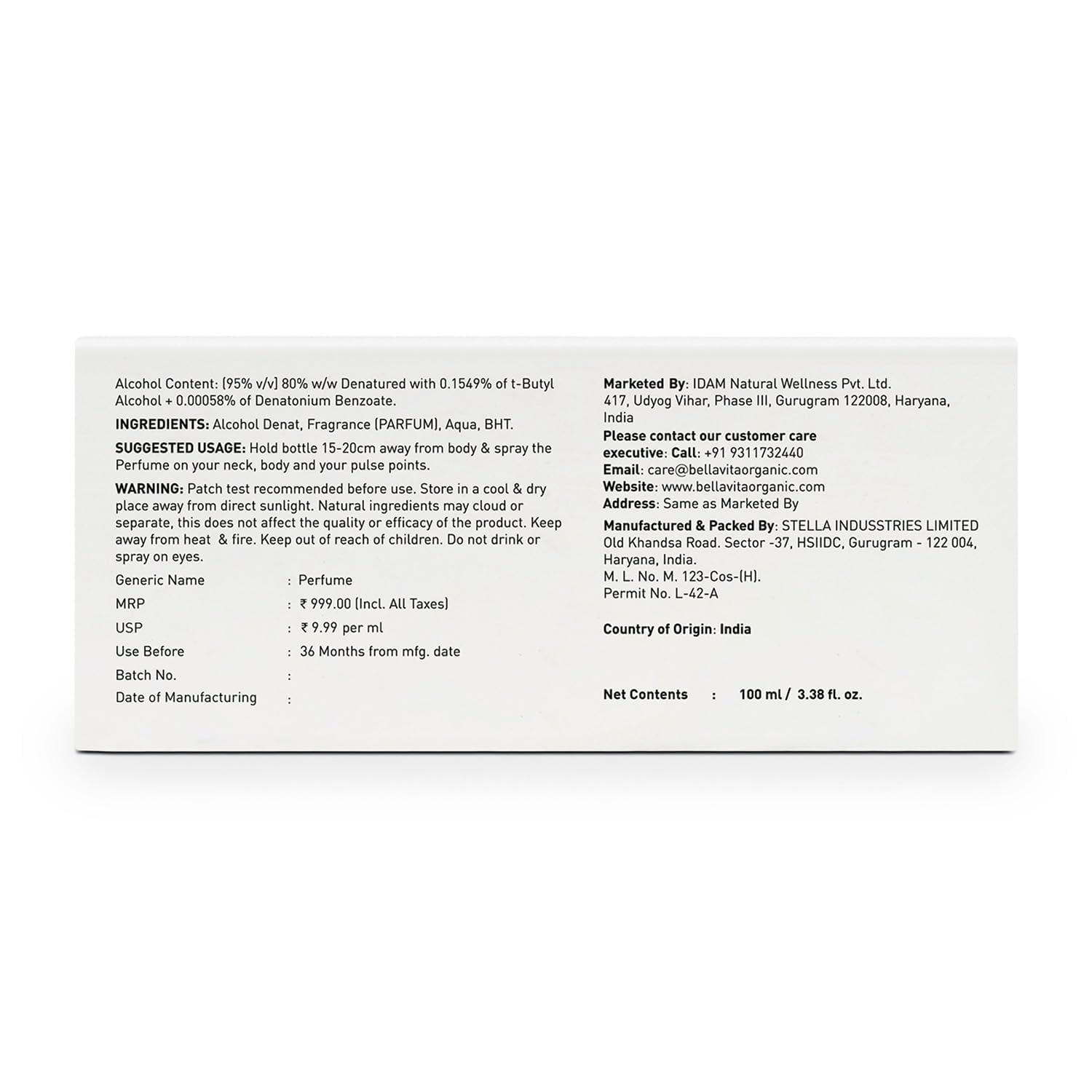 Bella Vita White-Oud Eau De Perfume For Men & Women [100 ml]