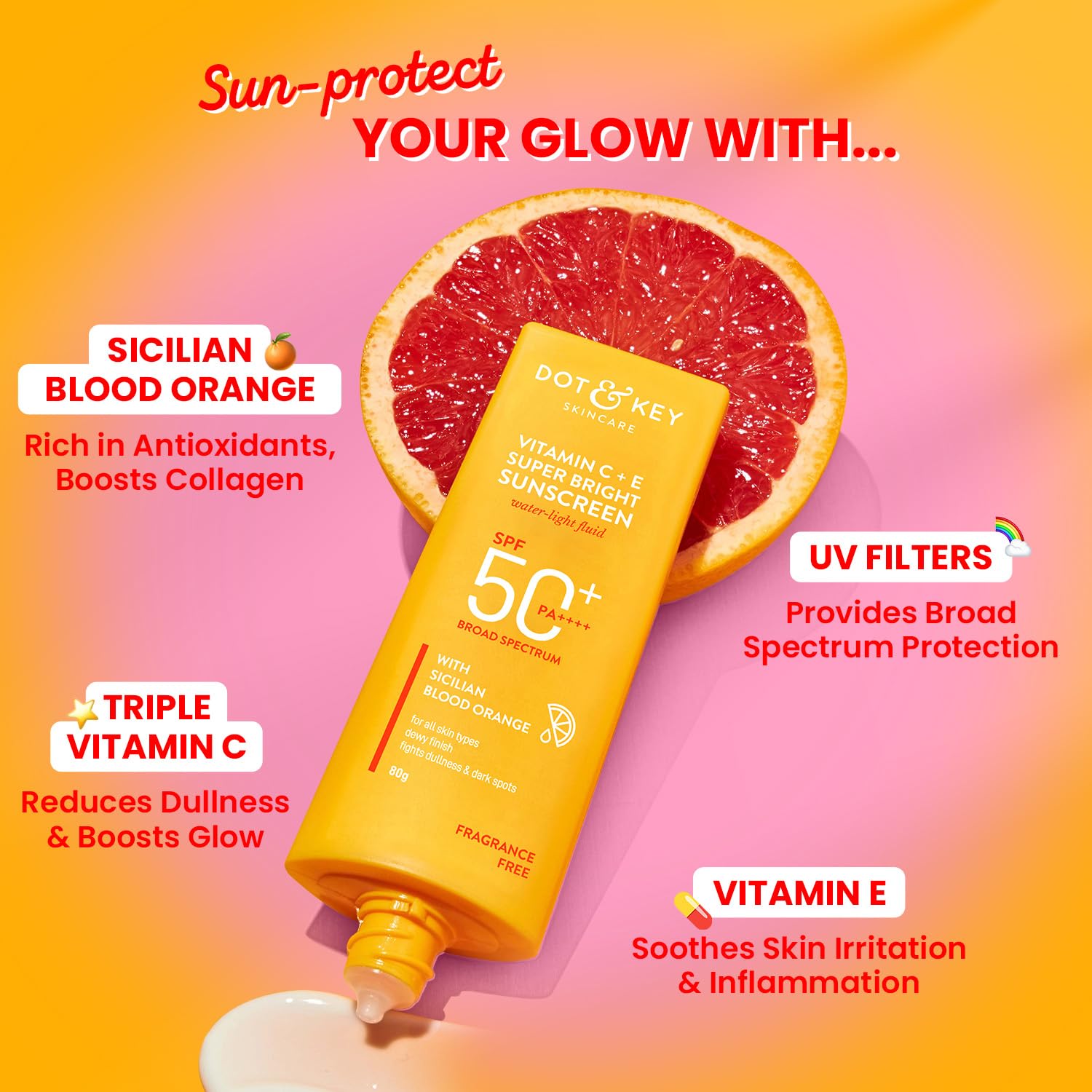 Dot & Key Vitamin C + E Face Sunscreen SPF 50 PA+++ For Glowing Skin, 100% No White Cast [50g]