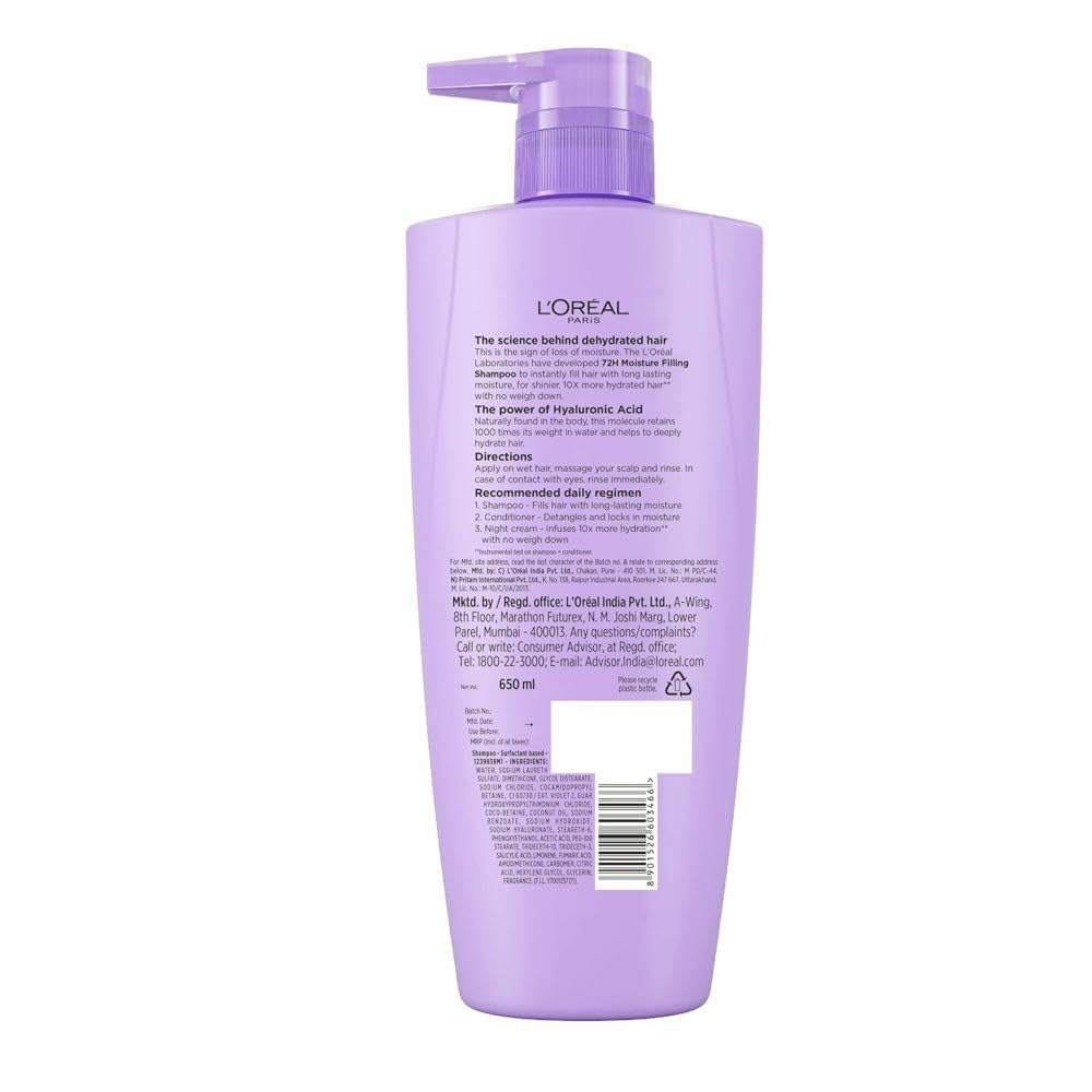 LOreal Paris Hyaluron Moisture Anti-frizz Shampoo With Hyaluronic Acid For 72 HR Dehydrated Hair [650 ml]