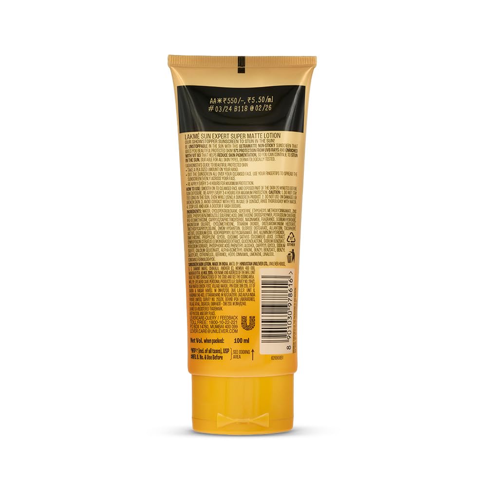 Lakme 9 To 5 Sun Expert Super Matte Sun Screen SPF 50 PA+++ Lightweight Sunscreen Lotion [100 ml]