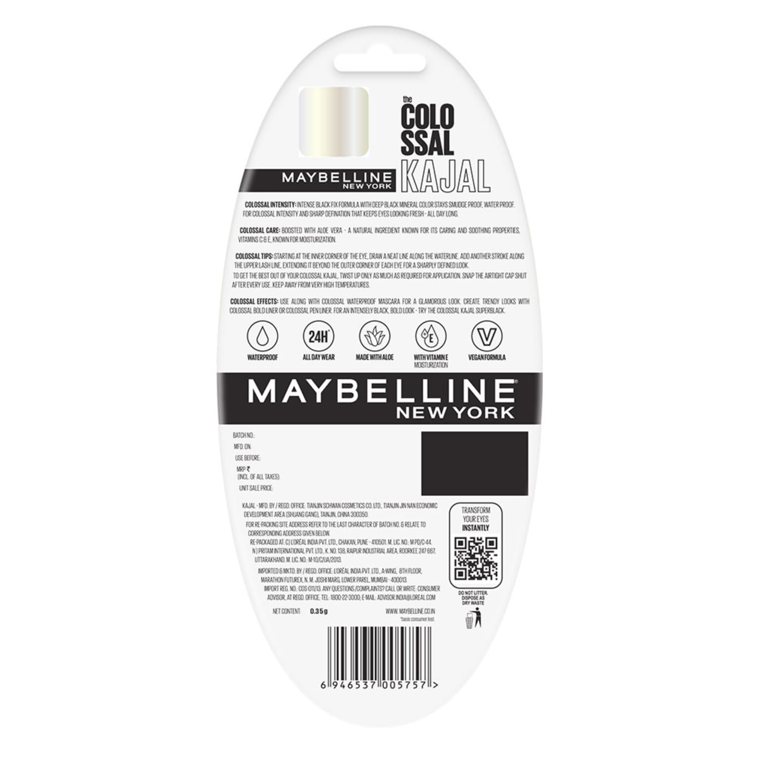Maybelline New York The Colossal Kajal, Smudgeproof & Waterproof Lasts Up To 24H - Deep Black