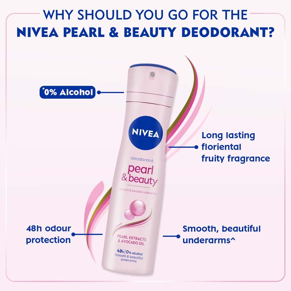 NIVEA Deo Pearl & Beauty Extracts & 0% Alcohol, For Smooth Underarms, 48H Freshness and Odour Protection [150 ml]