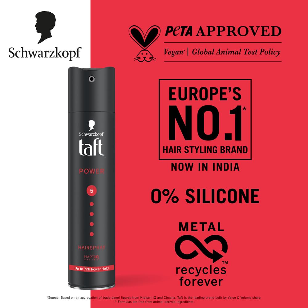 Schwarzkopf TAFT Power Hair Spray With Caffeine Formula For Strengthening Hold 5, Upto 72 Hrs [250 ml]