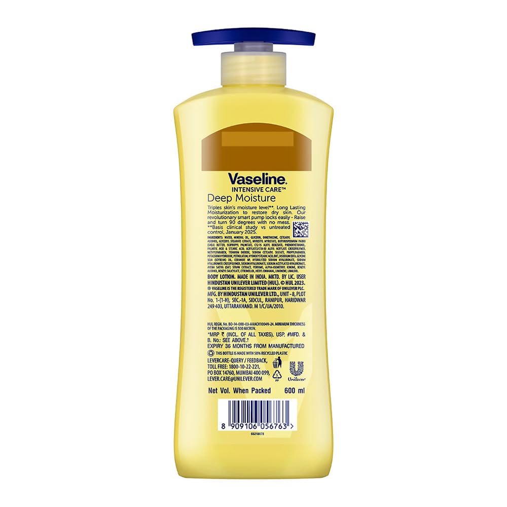 Vaseline Deep Moisture Body Lotion ,For Dry Skin, Moisturised Glowing Skin, With Pro Ceramides [600 ml]