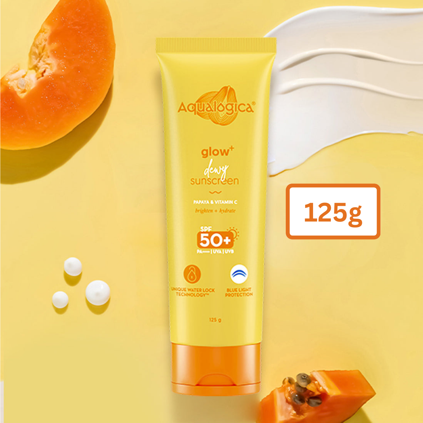 Aqualogica Glow+ Dewy Lightweigh Sunscreen Gel SPF 50+ PA++++ with Papaya & Vitamin C [125gm]