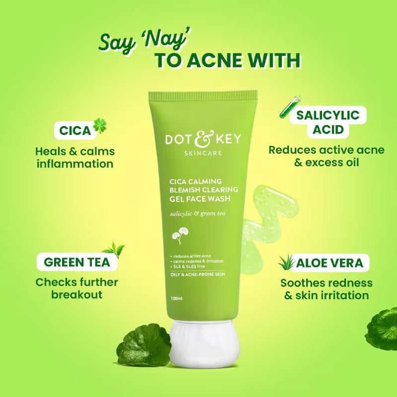 Dot & Key Cica Calming Blemish Clearing Gel Face Wash, Salicylic & Green Tea, Acne & Oil Control [100g]