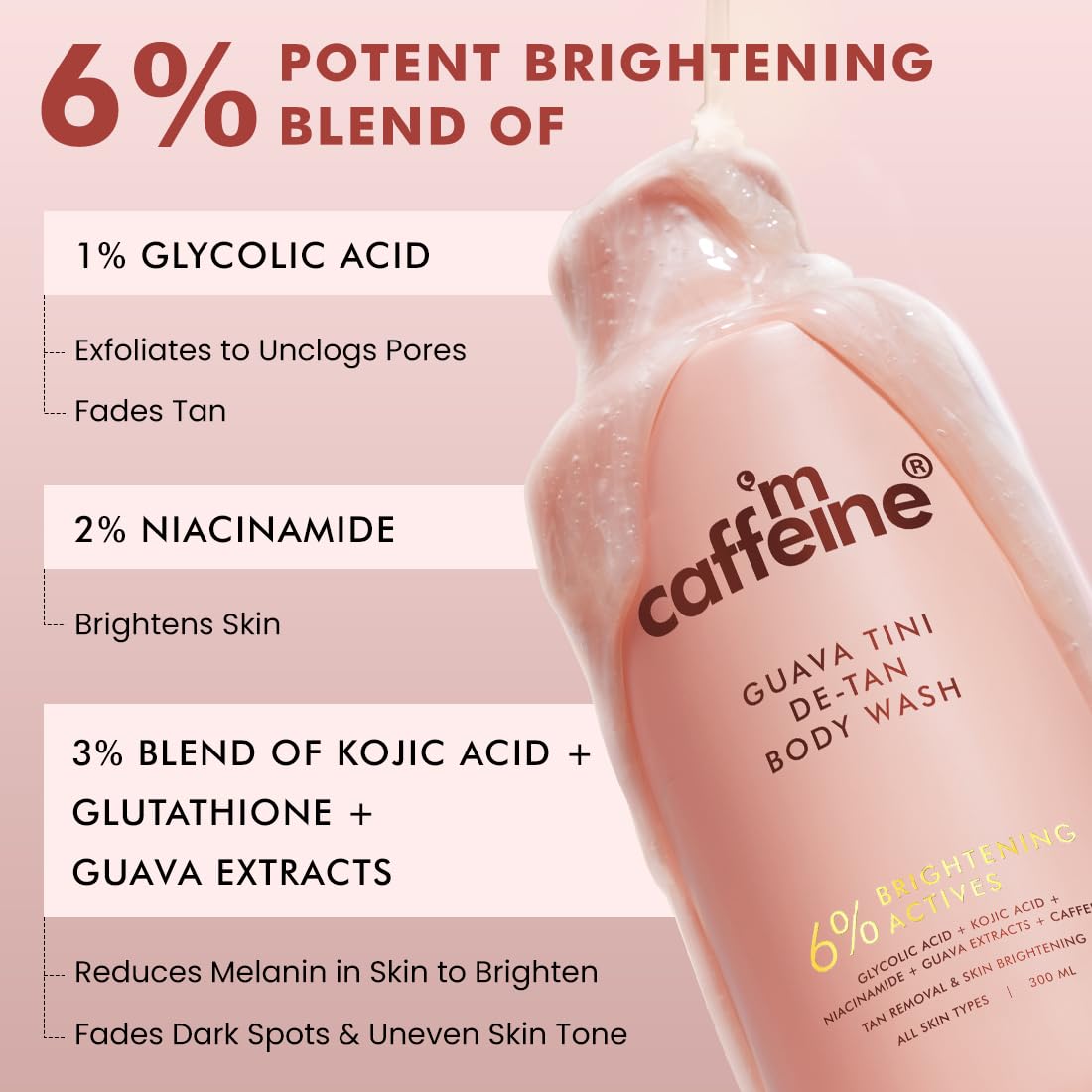 mCaffeine 1% Glycolic Acid Detan Body Wash, 5% Niacinamide-Kojic Acid Reduces Dark Spots & Brightens [300 ml]